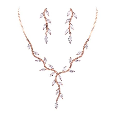 Tuliper Bridal Marquise CZ Elegant Party Jewelry Set for Woman, Floral Leaf Necklace Dangle Earrings Set for Bride Bridesmaid Clear_Rose Gold Tone Cover