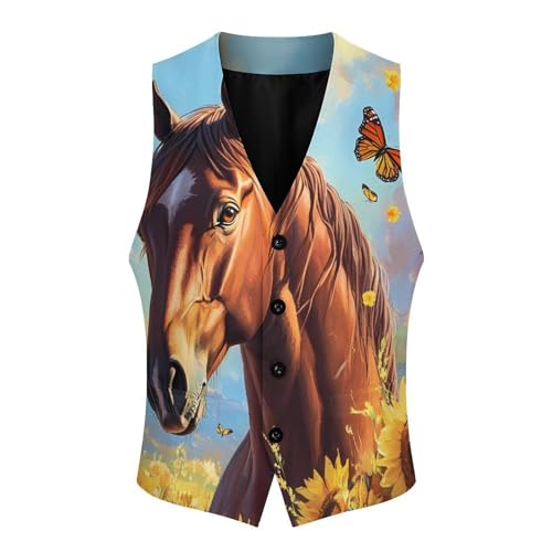 Horse Sunflowers And Butterflie Men's Formal Suit Vest for Business Formal Or Casual Dress Waistcoat Wedding4
