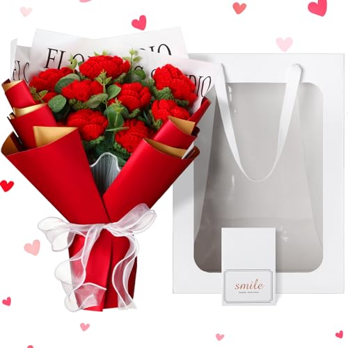 Yunlly Mother's Day LED Crochet Flowers Bouquet Light up Knitted Flower Bouquet Crochet Plants Crochet Handmade Rose Home Decor for Birthday Mother Teacher Wedding Gifts(Red)