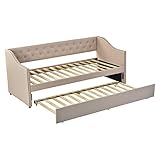 Moimhear Cama tapizada 90 x 200 cm, cama individual, cama doble, sofá cama extensible, beige, tela de lino resistente, cama juvenil (beige)