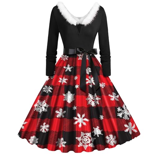 Damen Weihnachtskleid Kleid Weihnachten Festlich Elegant V Ausschnitt Petticoat Kleid Langarm a Linie Rockabilly Kleider mit Weihnachtsmotiv Xmas...