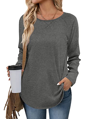 POPYOUNG Women's Fall-Winter Casual T-Shirt Long Sleeve Side Split Pullover Tunic Tops for Leggings Loose Blouse Shirt XL, Dark Grey