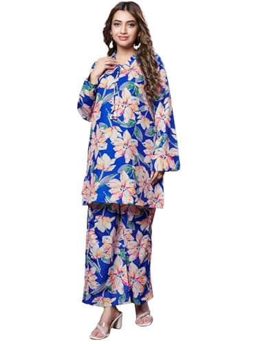 Image of DHRUVI TRENDZ Co Ord Set for Women Stylish | Ethnic Short Kurti for Women | Stylish Summer Printed Kurta Sets for Woman | A-Line Dress for Woman | 3 /4 Sleeve Top with Relaxed Fit Pant