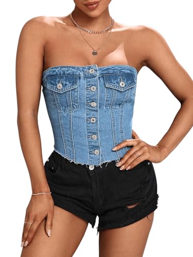 SweatyRocks Women's Button Up Strapless Denim Crop Top Y2k Jean