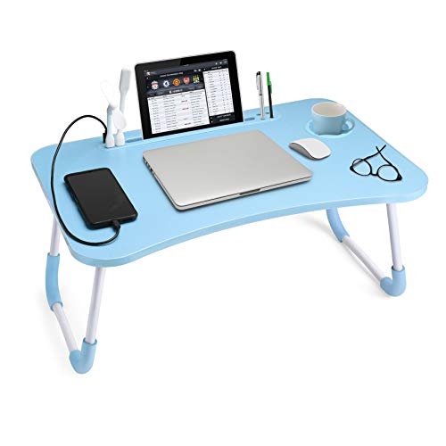 Image of Slendor Foldable Lap Desk with Cup Holder for Bed, Couch, Floor | Portable,with USB Light, Fan, Pen Holder,Tablet Holder,for Laptop,Writing,Eating,Blue
