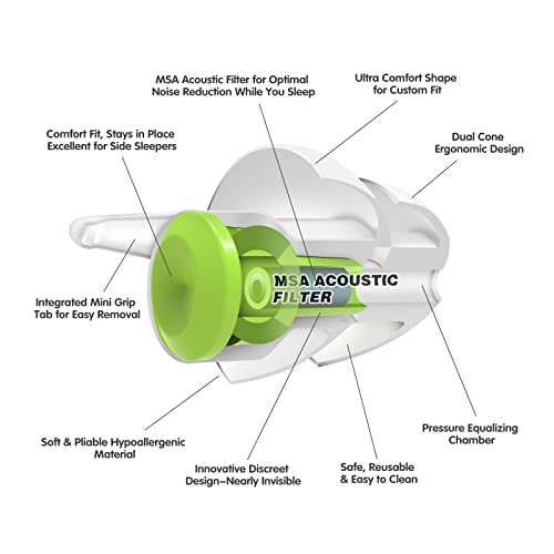 MSA SoundOut Ear Plugs for Sleeping | Reusable & Comfortable Side Sleeper Ear Plugs, Noise Reduction, Snoring | 2 x Hypoallergenic Earplugs, 3 Sets of Acoustic Filters, 1 x Travel Case