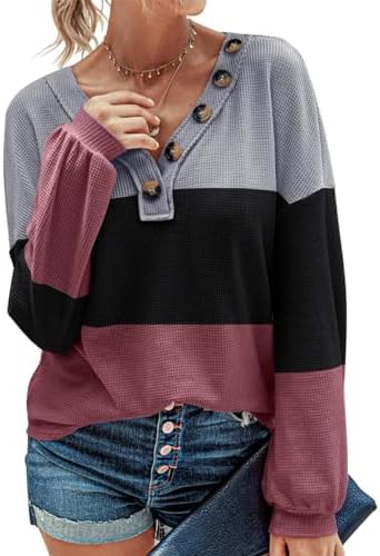 BTFBM Women Long Sleeve Shirts 2024 Fall Fashion V Neck Loose Casual Blouse Deco Button Lightweight Waffle Knit Pullover