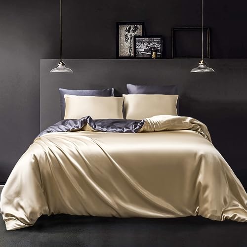 YASMENG Satin Bettwäsche 135x200 Beige Dunkelgrau Wendebettwäsche Einfarbig Seide Bettwäsche Satin Glatt Glänzend Seidig Deluxe Weiche Bettwäsche...