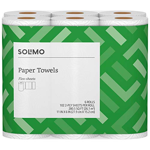 Amazon Brand - Solimo Basic Flex-Sheets Paper Towels, 6 Value Rolls, White, 102 Sheets per Roll