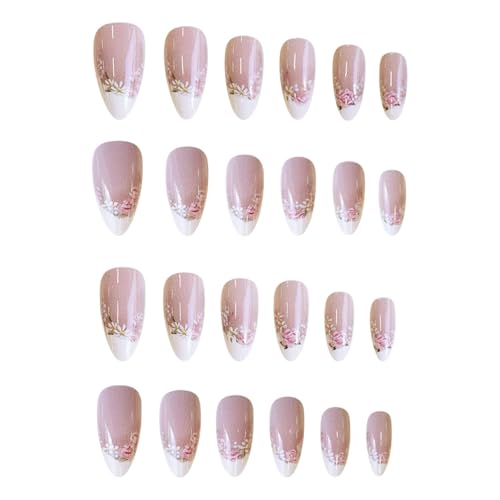 Flower Press on Nails - White French Tip Glossy Acrylic
