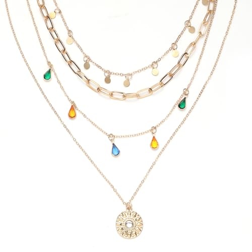 Layered Round Pendant Necklace Gold Plated Dainty Multilayer Choker Layering for Women Necklaces Stylish Minimalist Pendants Simple Chain Stacked Necklace Jewelry Gifts2