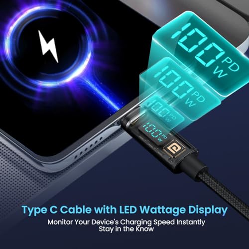 Image of Portronics Konnect View 100W Type C to Type C Cable with LED Display with 5A Max Output, Fast Data Sync, 1.2M Length, Tangle Resistance supports Laptop Charging(Black)
