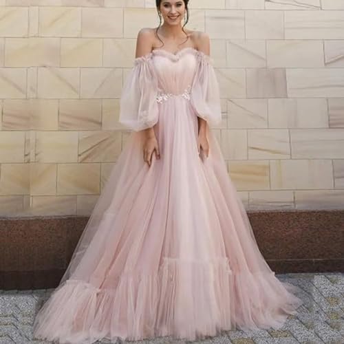 Tulle Off Shoulder Court Train Prom Dress Long Sweetheart Puff Sleeves Wedding Gown with Lace Up TPPD0023