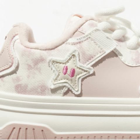 Star Shoes Walking Sneakers for Women Pink Fuzzy Lined Platform Low Top Round Toe Sneakers with Cute Plush Pink Stars US5.5-82