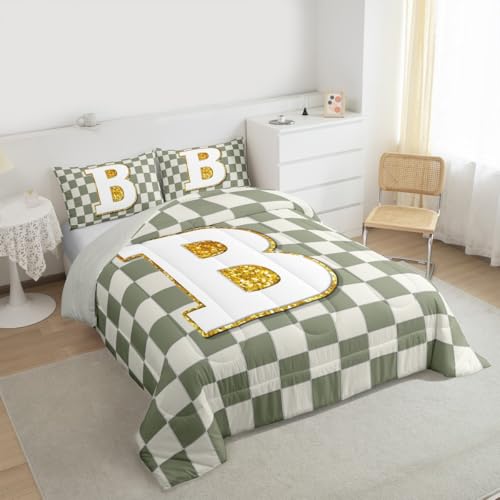 Image of Erosebridal Sage Green Checkered Bedding Set Twin Plaid Initial B Comforter Set for Kids Adults Personalized Monogram Down Comforter,Fashion Grids Gingham Quilt Duvet