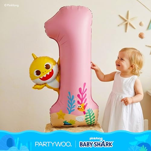 Image of PartyWoo Baby Shark Pink Foil Number 1 Balloon 40 Inch Pink Mylar Helium Birthday Number Balloons for Girls and Boys Baby Shark Under the Sea Ocean Theme Kids First Birthday Party Decorations
