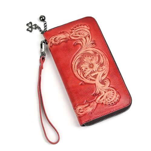 Genuine Leather Women's Wallet Flower Pattern Wristlet Long Wallet Card Holder (Red)2