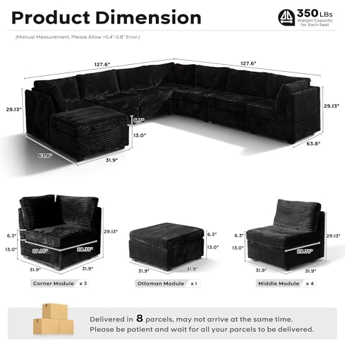 Image of ovios Modular Sectional Sofa Couch with V-Shape Chaise Ottoman, Comfy Plush Corduroy Cloud Couches, Modern Luxury Deep Seat Sofas Set for Living Room, 8-Seater, Black