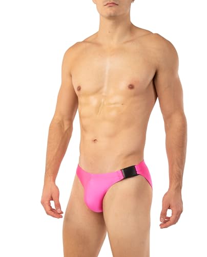Gary Majdell Sport Men’s Bikini Swimsuit with Side Buckle - Available in Shiny Tricot, Liquid Metallic, and Nylon Spandex Prints (Neon Pink, L)