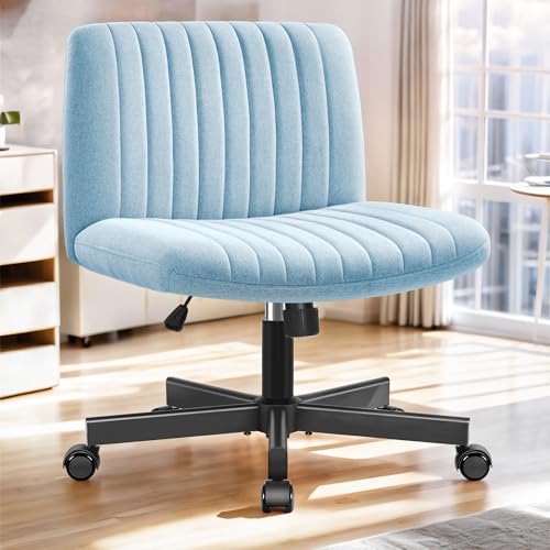 Criss Cross Office Chair - Wide Seat Cross Legged Desk Chair with Wheels - Adjustable Height Armless Office Chair - Comfy Fabric Vanity Chair for Home Office Study Makeup - Lightblue