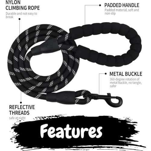 Image of PawPro Reflective Nylon Dog Collar - Custom Bone Tag with 5‑Foot Heavy‑Duty Leash - Soft Padded Handle, 360 Swivel Clip - Adjustable Pet Collar for Medium & Large Dogs (Graphite Black, Collar+Leash)