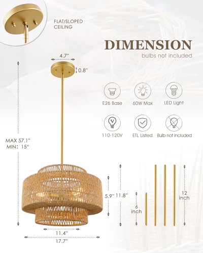 Image of 18 inch Boho Rattan Chandelier, Gold Finish, AD-25050-4P-GD | 4-Light 3-Tier Hand Woven Dining Room Light Fixture, Natural Brown Pendant Lights for Living Room Kitchen Island
