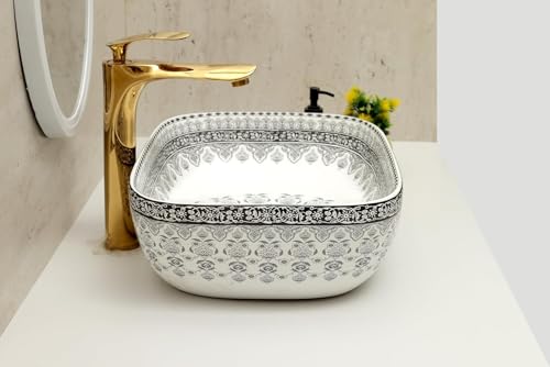 Image of Archstone Wash Basin for Bathroom-1Year Warranty- Tabletop Washbasin - Ceramic Glossy Rectangle Designer Moroccan Countertop Vessel Sink, Dining Hall & Vanity 33x45x14.5 cm (Grey Moroccan)