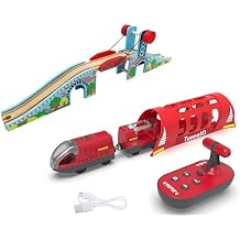 Train Bridge and Remote Control Train for Wooden Tracks, Train Accessories Compatible with Thomas & Friends, Brio, Chuggington