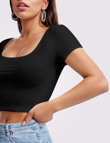 2 Piece Women's Square Neck Short Sleeve Crop Top Y2K Shirt Slim Fitted Casual Base Layer Workout Shirt Going Out Tops2