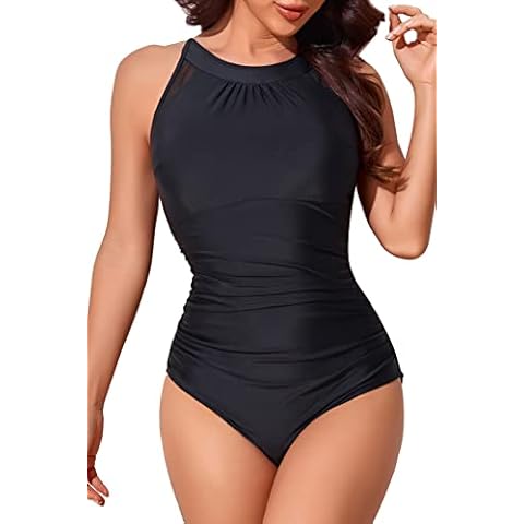 Smismivo High Neck Swimsuits for Women Full Coverage One Piece Bathing Suit Modest Slimming Tummy Control Swimming Suits Swim Suit Retro for Swimwear (Black) Cover