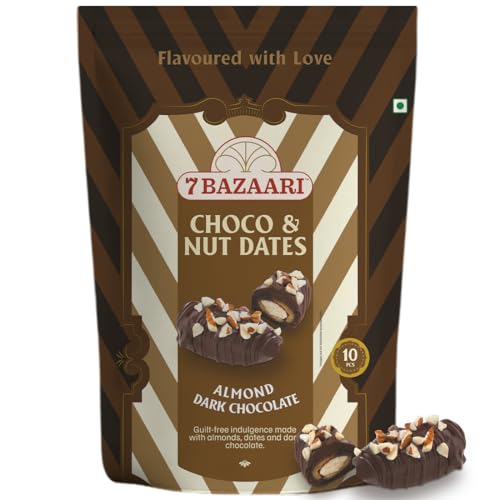 Image of 7 BAZAARI Premium Chocolate Dates with Almonds | Dark Chocolate Coated Datesc| No Added Sugar | Healthy Energy Snack | Gluten Free Gourmet Treat | 10 pcs