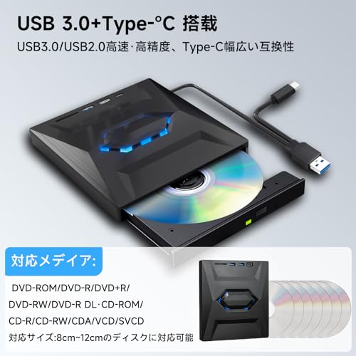 BOMORI dvdドライブ 外付け 多機能cdドライブ 外付け USBハブ機能搭載 USB 3.0/Type C ポート 外付けdvdドライブ 読み込み・書き込み SDカードリーダー の商品画像 3
