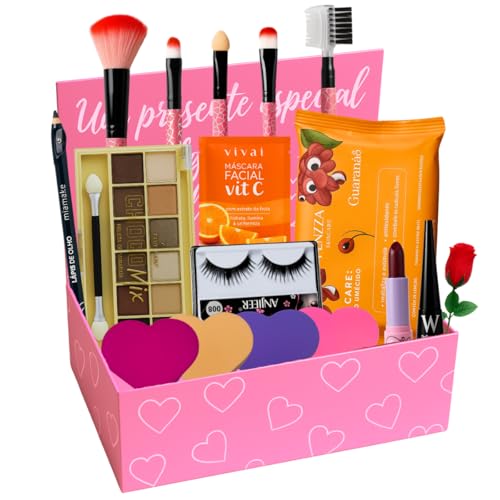 Kit de Maquiagem Completo com 9 Itens Paleta de Sombras Pincéis Batom Delineador Cílios Acessórios Caixa Elegante Beleza e Criatividade Lindo Sagaro Makeup
