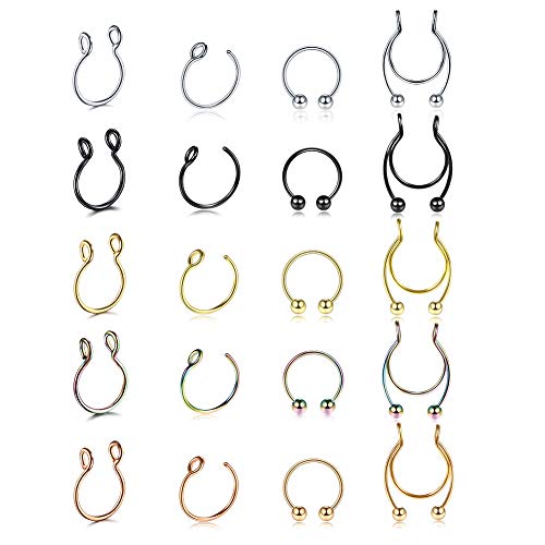 Xpircn 20G Nose Ring Hoop Stainless Steel Faux Lip Ear Nose Septum Rings Non Pierced Clip On Fake Nose Hoop Rings Mixed Color 8mm 20PCS