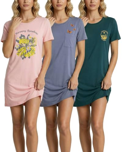 Image of Real Essentials 3 Pack: Women's Short Sleeve Nightgown Dress - Nightshirt Pajama Sleep Shirt Sleepwear (Available in Plus)