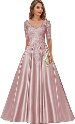 Satin Mother of The Bride Dresses with Sleeves Lace Appliques Long Formal Dress for Women Wedding Guest4