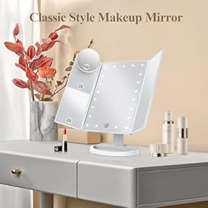 HUONUL Makeup Mirror Vanity Mirror with Lights, 2X, 3X, 10X Magnification, Touch Control, Trifold, White, 9.4"L x 13.4"W, Modern Style, Dresser Mount, Bathroom HUONUL Makeup Mirror Vanity Mirror with Lights 2X 3X 10X Magnification Touch Control Trifold White 94L x 134W Modern Style Dresser Mount Bathroom