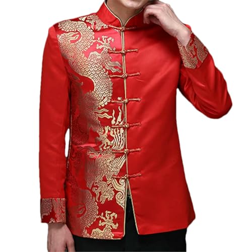 Costume traditionnel chinois homme rouge satin manteau brodé dragon marié col montant