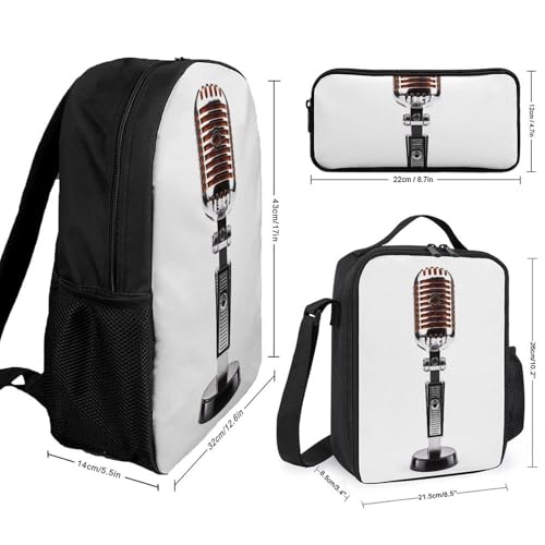 3 Piece Backpack for Women Men Lightweight Causal Daypack Shoulder Bag Set with Insulated Lunch Bag And Pencil Case Organizers Vintage Microphone2