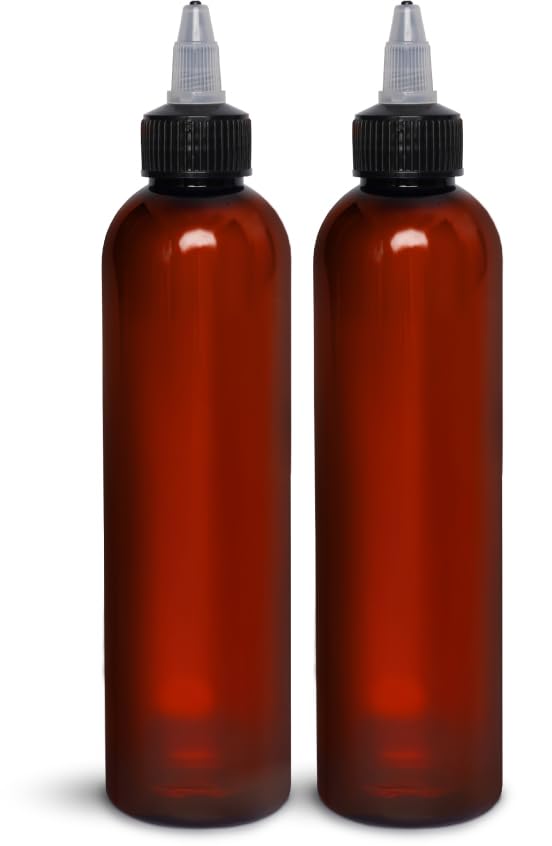 BRIGHTFROM Twist Top Applicator Bottles, 8 OZ, Squeeze Empty Plastic Bottles, Black Nozzle, BPA-Free, PET, Refillable, Open/Close Nozzle - Multi Purpose (Amber)