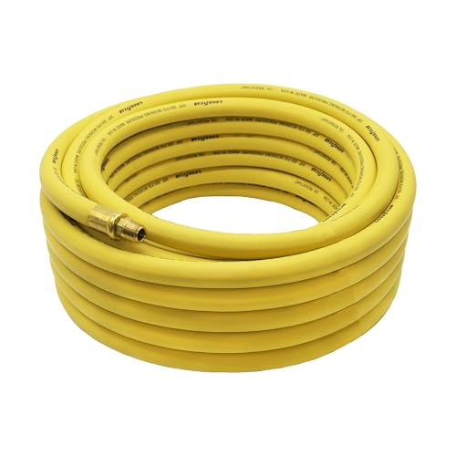 Goodyear 50' x 3/8' Professional Yellow Rubber Air Hose - 300 PSI Working Pressure - 1200 PSI Burst Pressure - 100% Brass 1/4' NPT Fittings - Made in USA