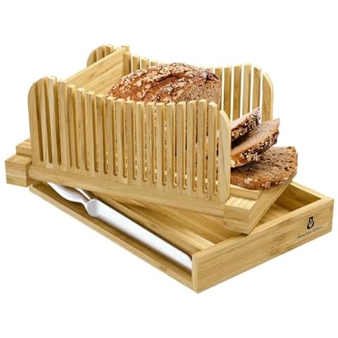 Mama Bear Kitchens Bamboo Bread Slicer with Knife - Adjustable & Durable Bread Loaf Slicer with Crumb Tray & Foldable Bread Cutter Guide - Easy to Clean & Store Bread Slicer for Homemade Bread Cover