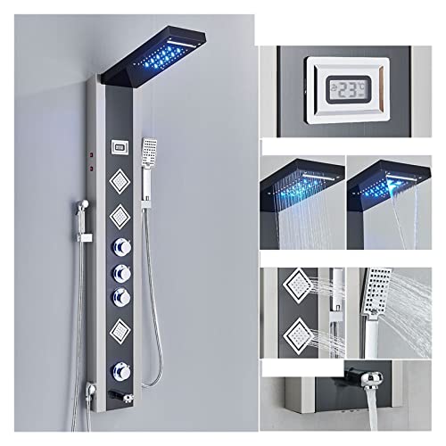 Sistema de ducha digital LED negro, panel de ducha con grifo de cascada, columna de bañera de hidromasaje, visualización de temperatura, accesorio moderno para baño
