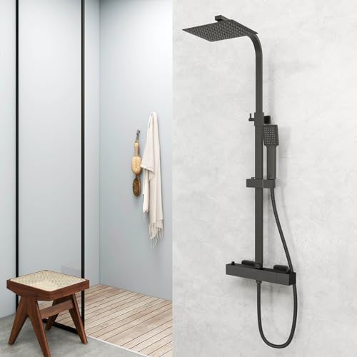 Colonna Doccia, AICA ITALY, Soffione Doccia Quadrato 20x20cm Acciaio Inox con Rubinetto Termostatico Diametro 40mm, Saliscendi Doccia Quadrato Regolabile 73-115cm, Nero