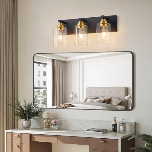 Image of Vanity Lights for Bathroom, 3-Light Black and Gold Bathroom Vanity Light Over Mirror with Clear Glass Shades, Modern Bathroom Light Fixtures for Living Room Hallway Cabinet (Bulbs Not Included)