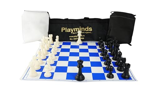 Image of 20'' X 20'' Professional Tournament Chess Set With Blue Vinyl Foldable Chess Board Game With Solid Plastic Pieces With Extra Queens And Black Bag, For Adult