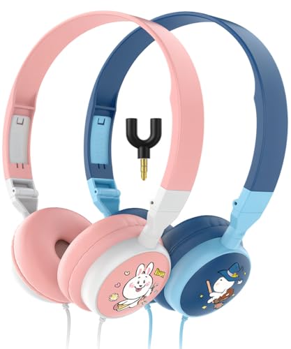 Kids Headphones for School Ages 6+ 2 Pack with Splitter Safe 98dB Volume Fun Colors Perfect for Sharing at Home Travel & Classroom Blue