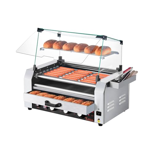 VEVOR Hot Dog Roller, 18 Hot Dog 7 Rollers, Stainless Steel Sausage Grill Cooker, 1200W Hot Dog Machine with Bun Warmer, Cover, 3 Temp Control, Side Storage Box, Oil Drip Tray, for Home & Commercial
