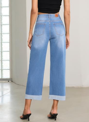 Image of Sidefeel Barrel Jeans for Women High Waisted Wide Leg Baggy Stretchy Trendy Raw Rolled Hem Capri Cropped Ankle Denim Pants