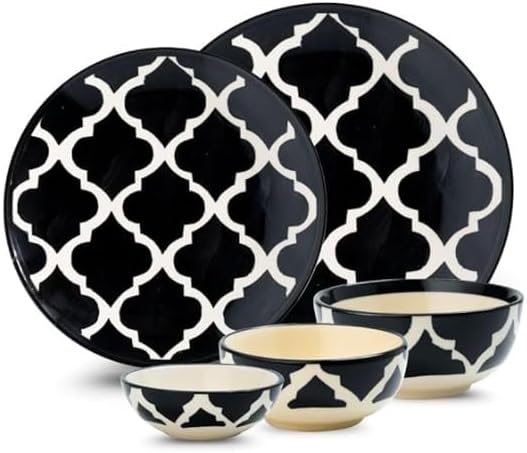 5 Piece Moroccan Print Black Ceramic Light-Weight Dinner Set for Serving Snacks, Soup, Dal and Rice, Microwave & Dishwasher Safe Crockery Set for Daily Use and Gifting.(3Bowls & 2Plates)